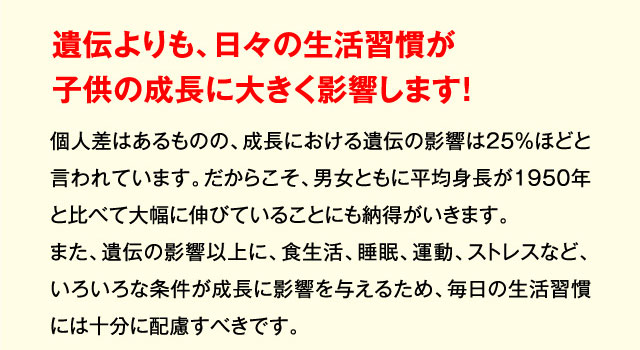 遺伝よりも、日々の生活習慣が子供の成長に大きく影響します! 個人差はあるものの、成長における遺伝の影響は25％ほどと言われています。だからこそ、男女ともに平均身長が1950年と比べて大幅に伸びていることにも納得がいきます。また、遺伝の影響以上に、食生活、睡眠、運動、ストレスなど、いろいろな条件が成長に影響を与えるため、毎日の生活習慣には十分に配慮すべきです。