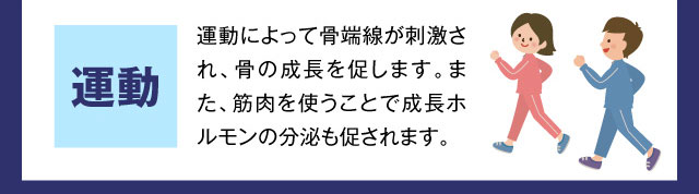 運動 運動によって骨端線が刺激され、骨の成長を促します。また、筋肉を使うことで成長ホルモンの分泌も促されます。