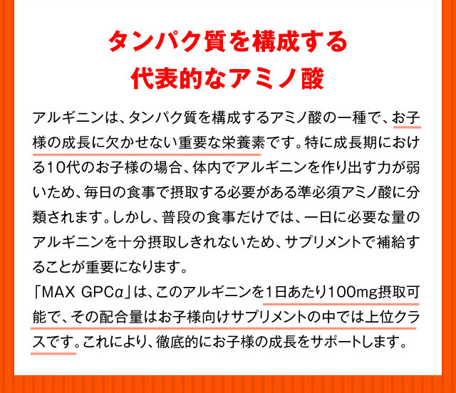 タンパク質を構成する代表的なアミノ酸 アルギニンは、タンパク質を構成するアミノ酸の一種で、お子様の成長に欠かせない重要な栄養素です。特に成長期における10代のお子様の場合、体内でアルギニンを作り出す力が弱いため、毎日の食事で摂取する必要がある準必須アミノ酸に分類されます。しかし、普段の食事だけでは、一日に必要な量のアルギニンを十分摂取しきれないため、サプリメントで補給することが重要になります。「MAX GPC α」は、このアルギニンを1日あたり100mg摂取可能で、その配合量はお子様向けサプリメントの中では上位クラスです。これにより、徹底的にお子様の成長をサポートします。